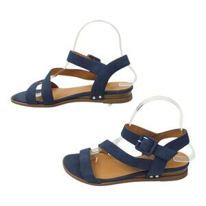 Solanz Sydney Strappy Sandals Womens 7 M Buckle Faux Leather Wedge Heel Blue